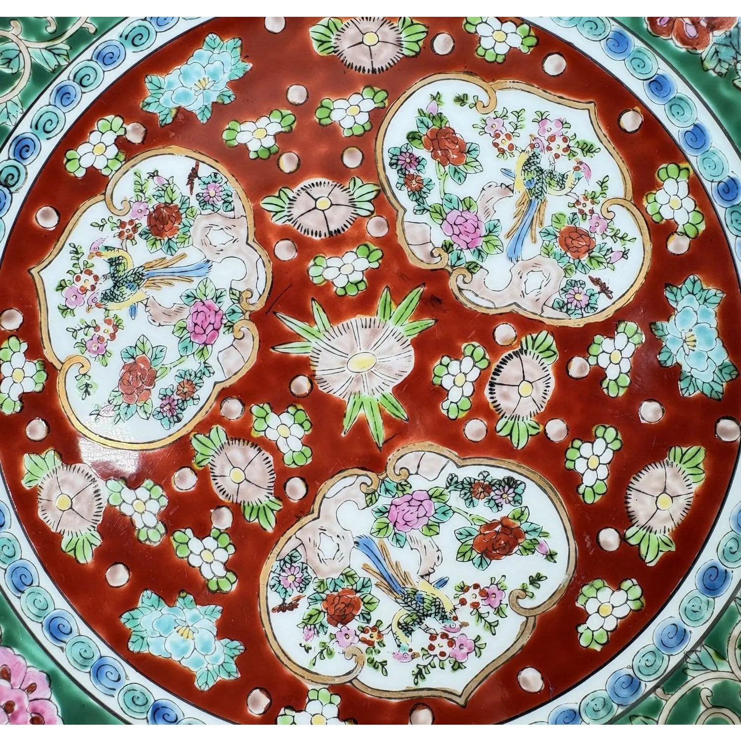 Vintage 11-Inch Japanese Imari Porcelain Charger – Hand-Painted Three-Medallion Bird & Peony