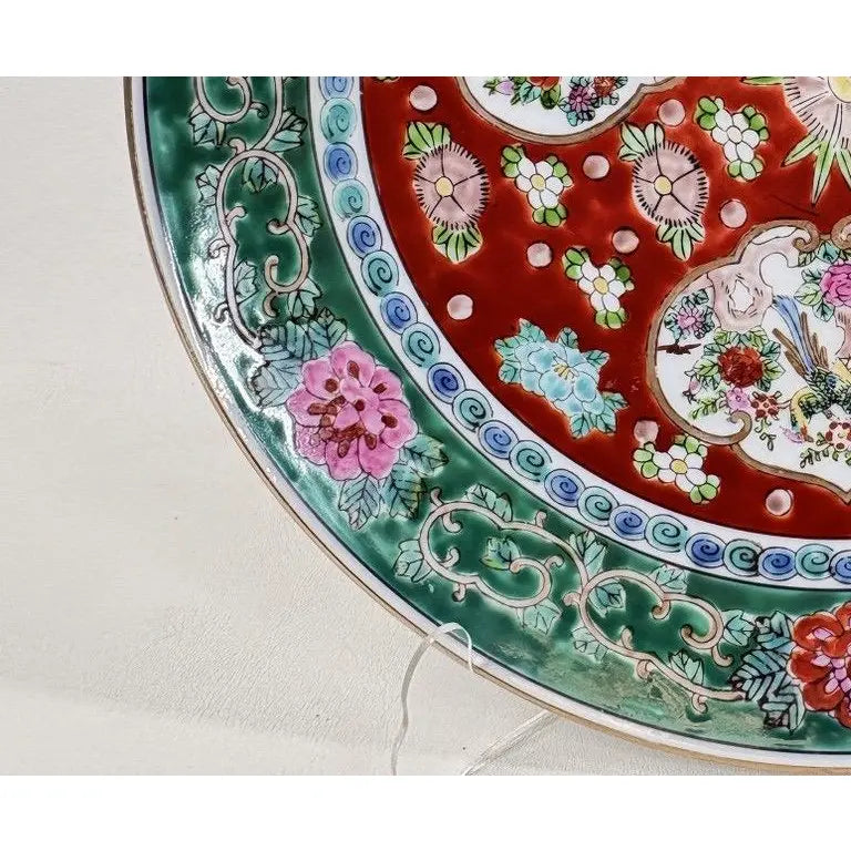 Vintage 11-Inch Japanese Imari Porcelain Charger – Hand-Painted Three-Medallion Bird & Peony