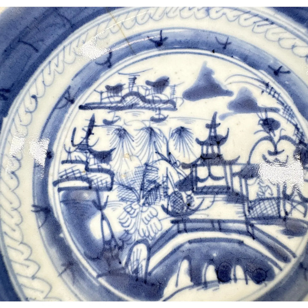 Antique 19th Century Chinese Canton Export Blue & White Porcelain Shallow Bowl