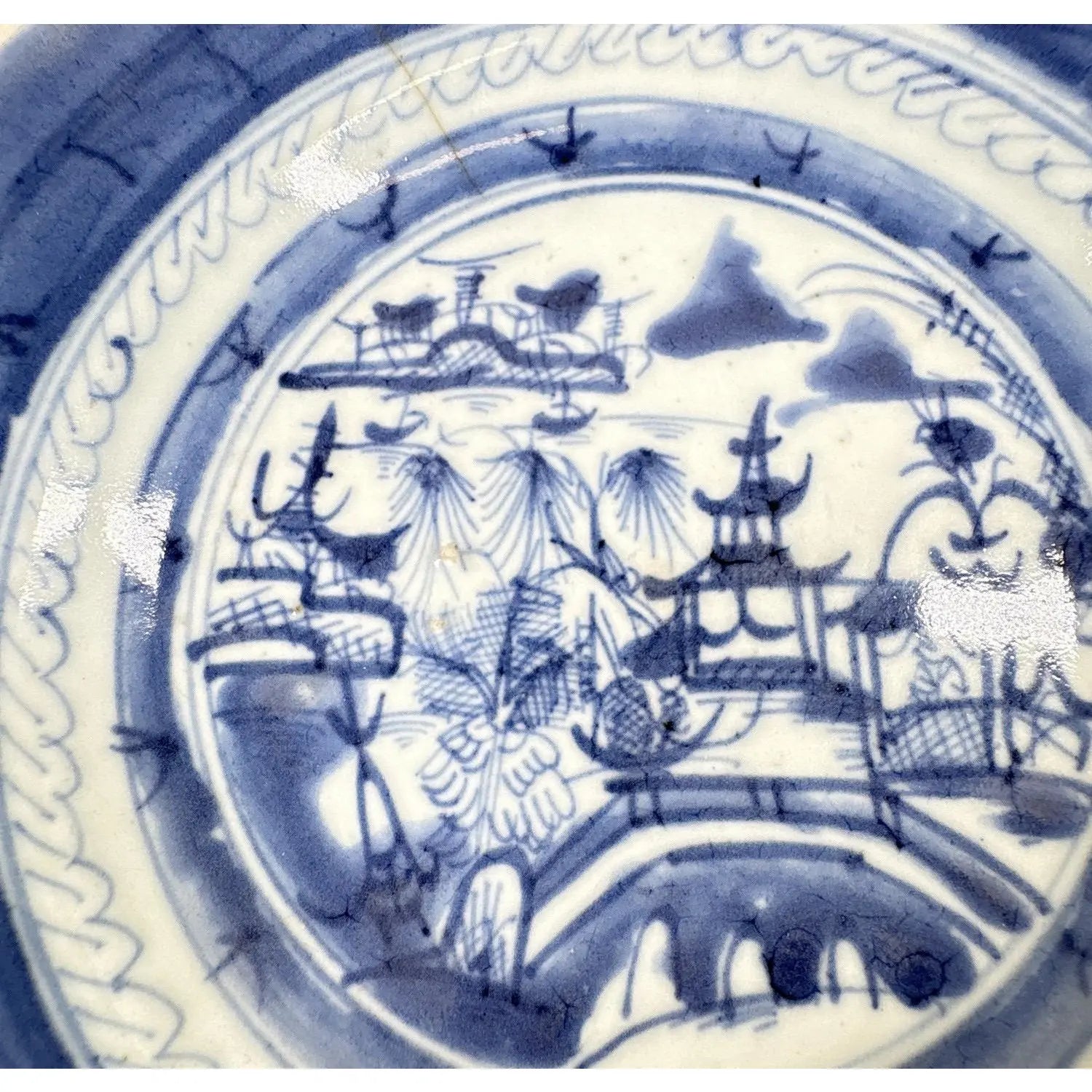 Antique 19th Century Chinese Canton Export Blue & White Porcelain Shallow Bowl