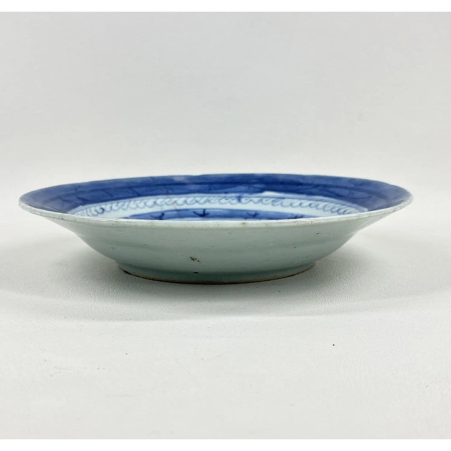 Antique 19th Century Chinese Canton Export Blue & White Porcelain Shallow Bowl