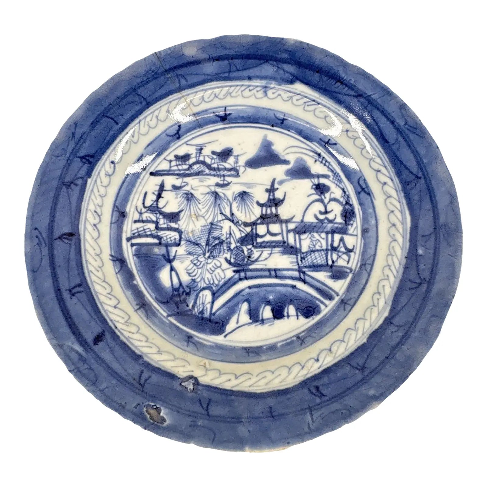 Antique 19th Century Chinese Canton Export Blue & White Porcelain Shallow Bowl