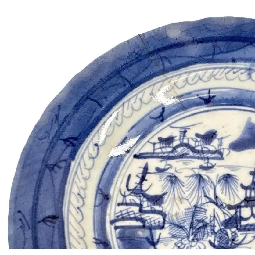Antique 19th Century Chinese Canton Export Blue & White Porcelain Shallow Bowl
