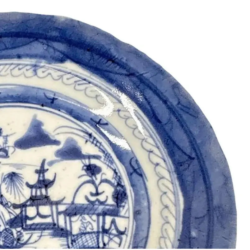 Antique 19th Century Chinese Canton Export Blue & White Porcelain Shallow Bowl