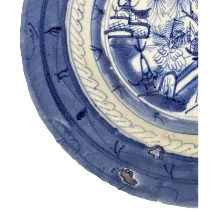 Antique 19th Century Chinese Canton Export Blue & White Porcelain Shallow Bowl