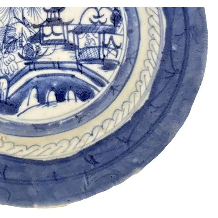 Antique 19th Century Chinese Canton Export Blue & White Porcelain Shallow Bowl