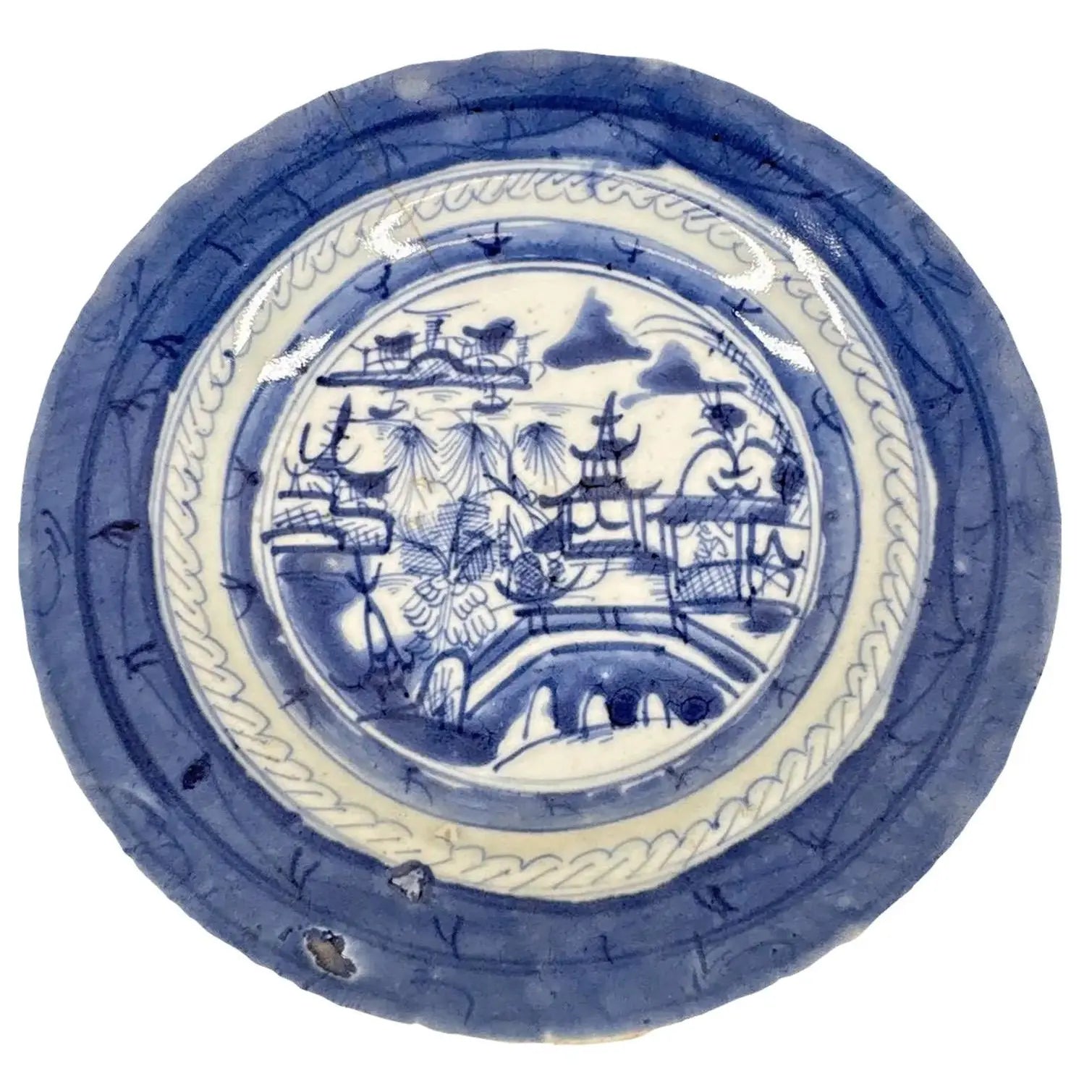 Antique 19th Century Chinese Canton Export Blue & White Porcelain Shallow Bowl