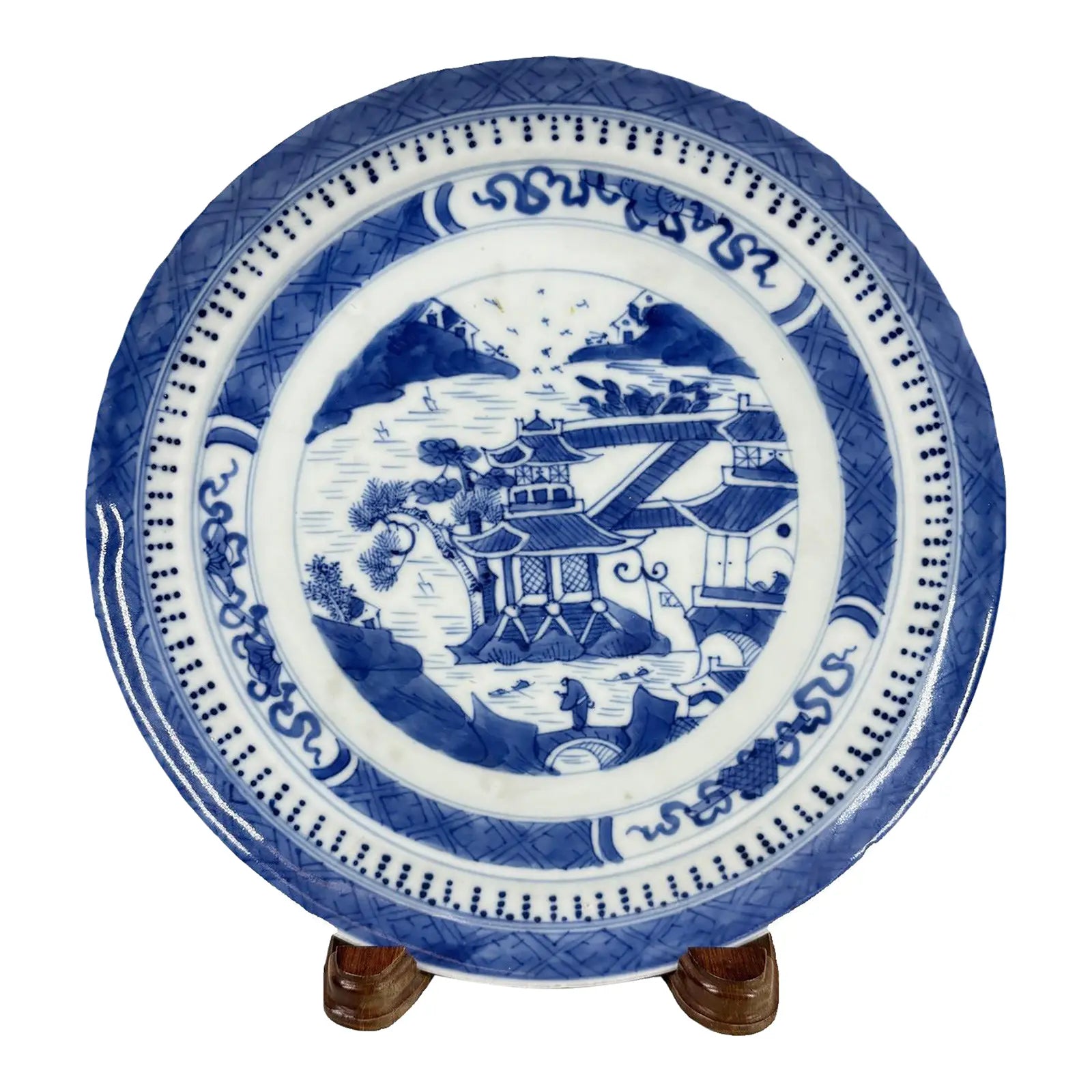 Antique 19th Century Chinese Nanking Export Porcelain Plate & Stand