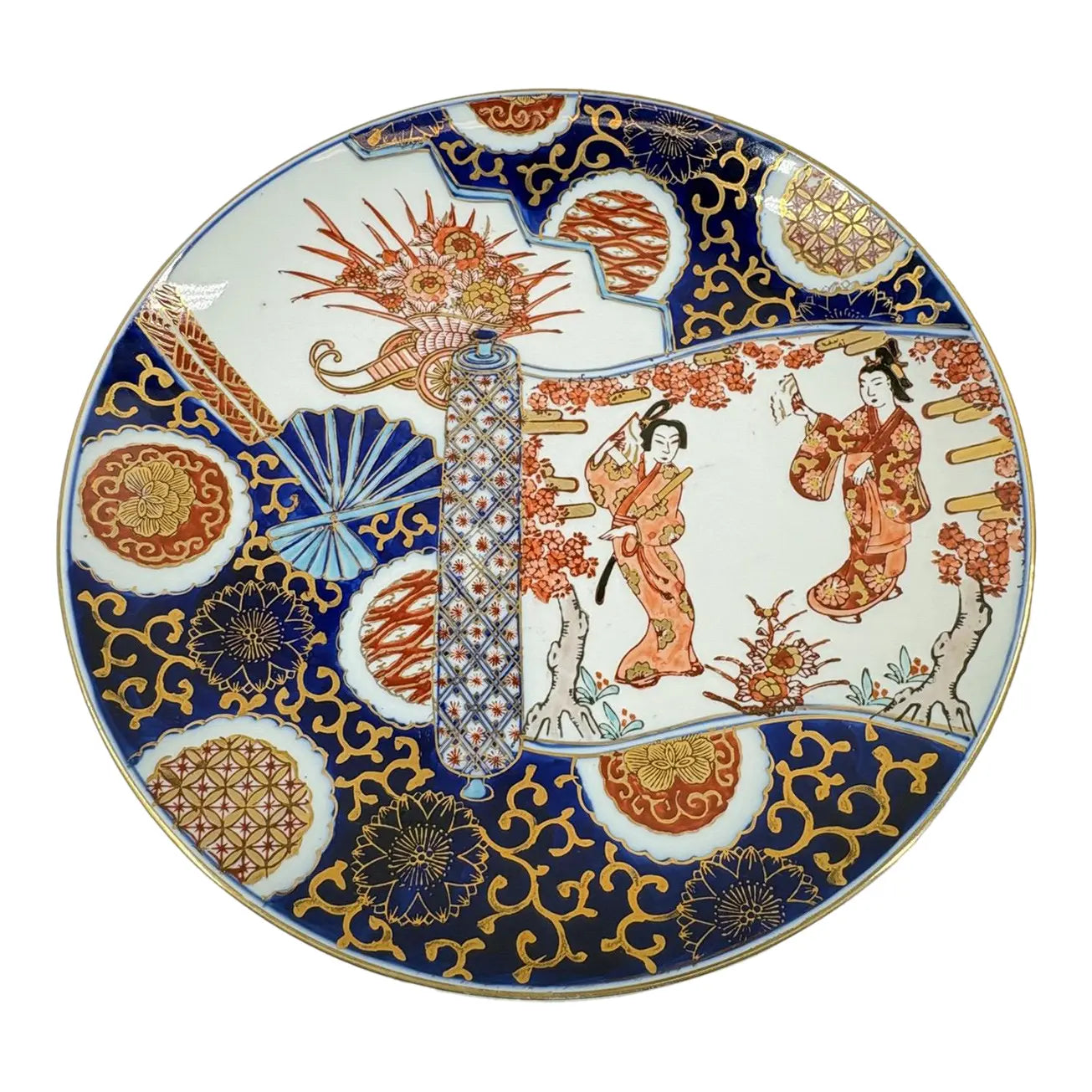 Vintage Hand-Painted "Gold Imari" Japanese Porcelain Charger – Geisha & Cherry Blossom