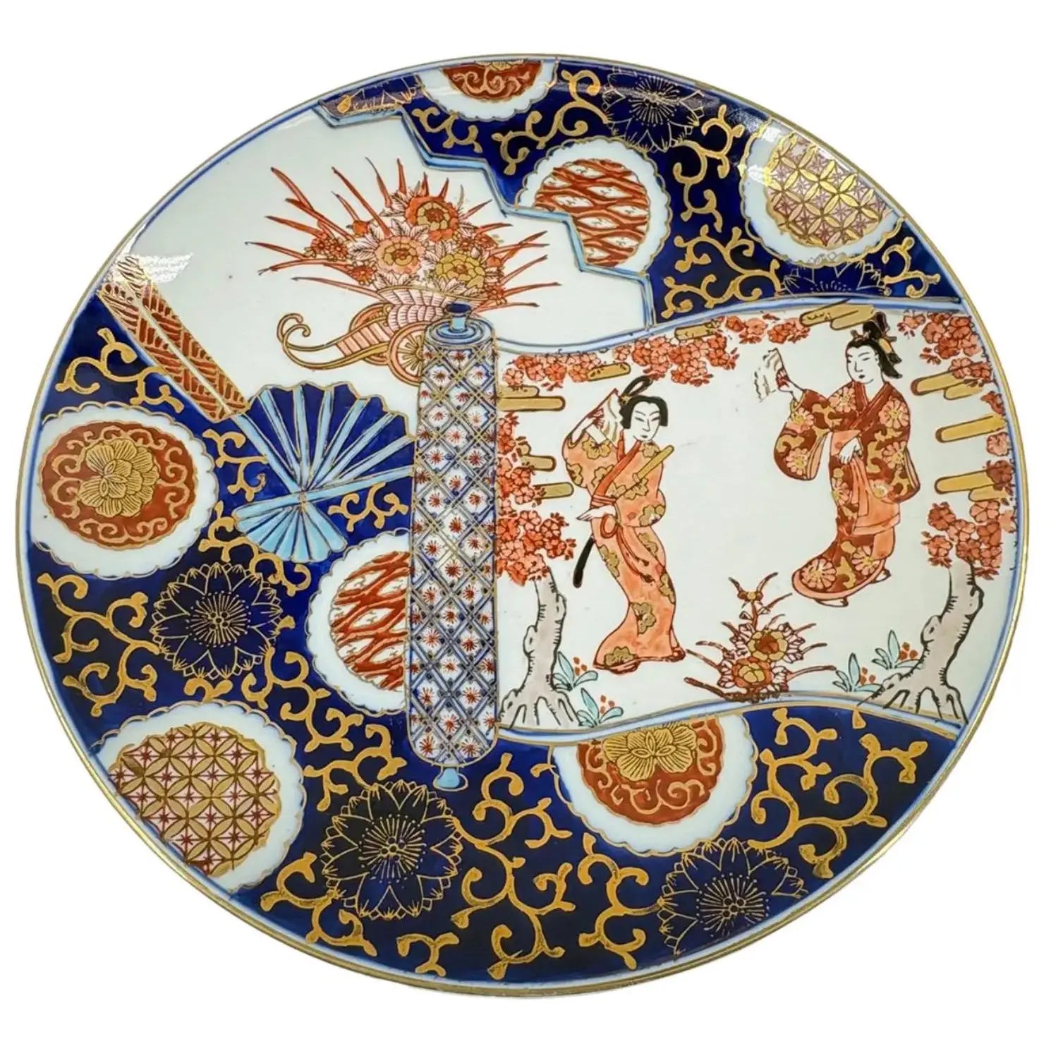 Vintage Hand-Painted "Gold Imari" Japanese Porcelain Charger – Geisha & Cherry Blossom
