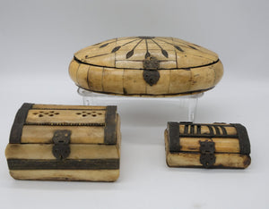 Curated Set of 3 Vintage Handcrafted Camel Bone & Brass Trinket Boxes