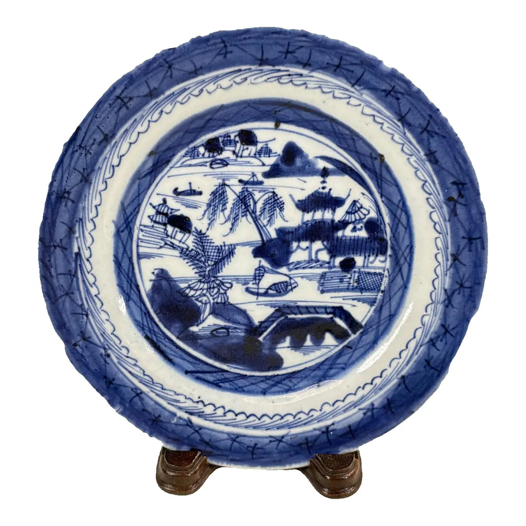 Antique 19th Century Chinese Canton Export Blue & White Porcelain Plate & Stand