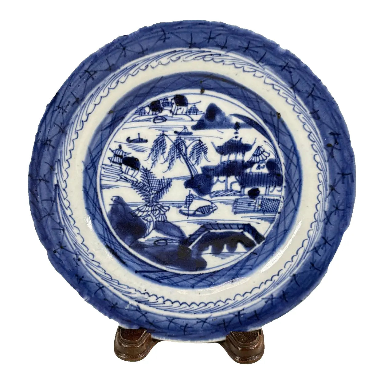 Antique 19th Century Chinese Canton Export Blue & White Porcelain Plate & Stand