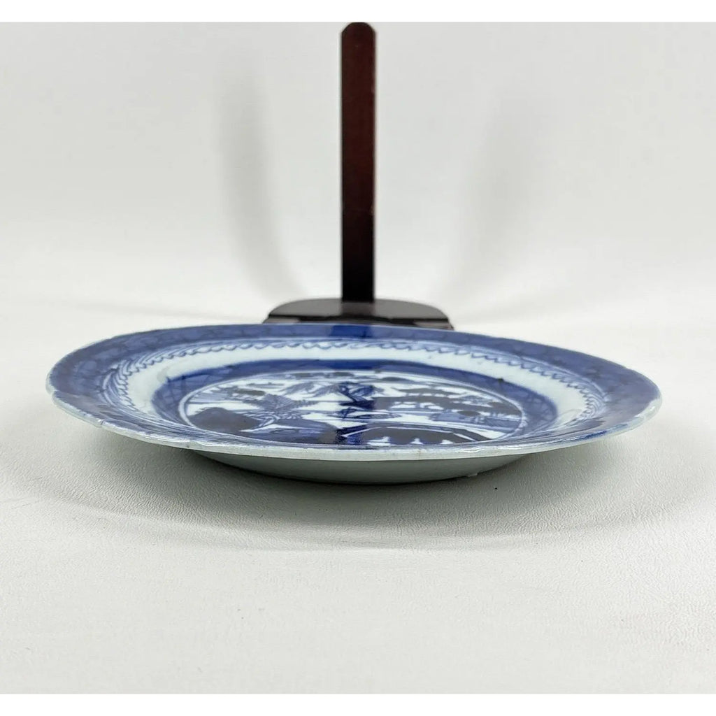 Antique 19th Century Chinese Canton Export Blue & White Porcelain Plate & Stand
