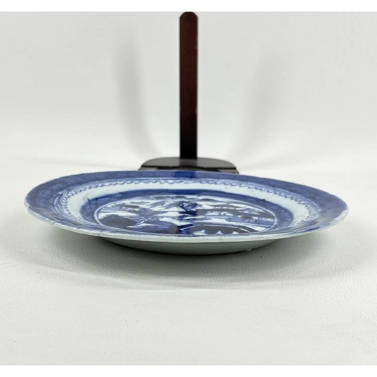 Antique 19th Century Chinese Canton Export Blue & White Porcelain Plate & Stand