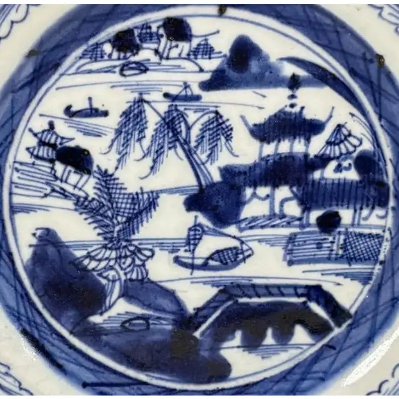 Antique 19th Century Chinese Canton Export Blue & White Porcelain Plate & Stand