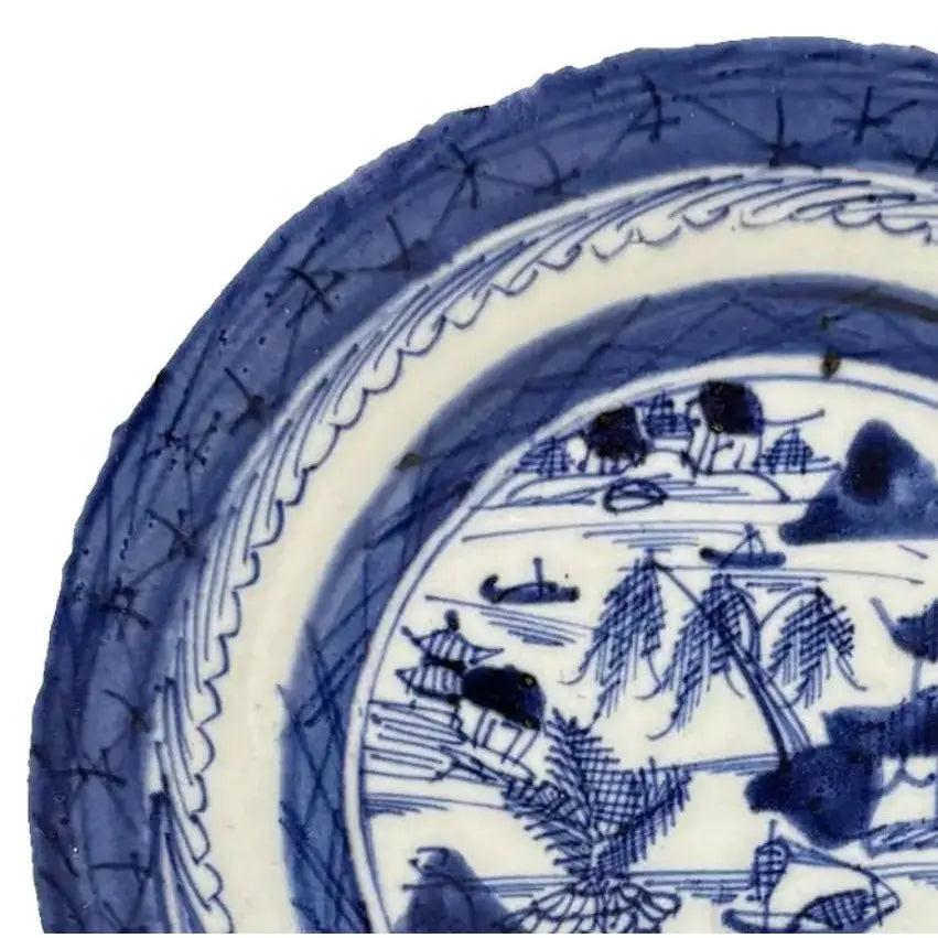 Antique 19th Century Chinese Canton Export Blue & White Porcelain Plate & Stand