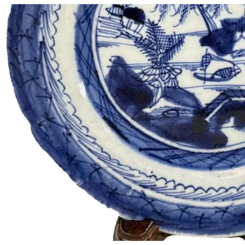 Antique 19th Century Chinese Canton Export Blue & White Porcelain Plate & Stand