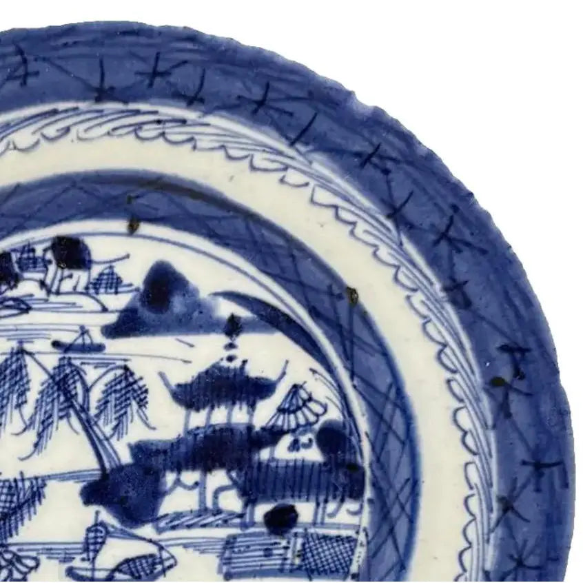 Antique 19th Century Chinese Canton Export Blue & White Porcelain Plate & Stand
