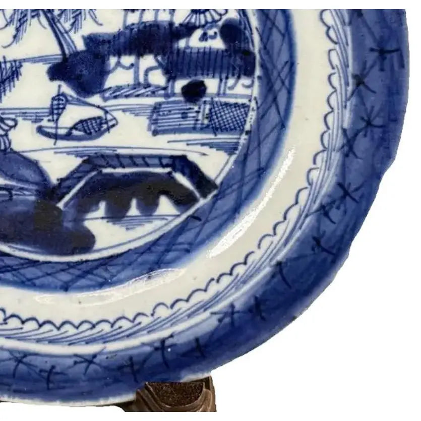 Antique 19th Century Chinese Canton Export Blue & White Porcelain Plate & Stand