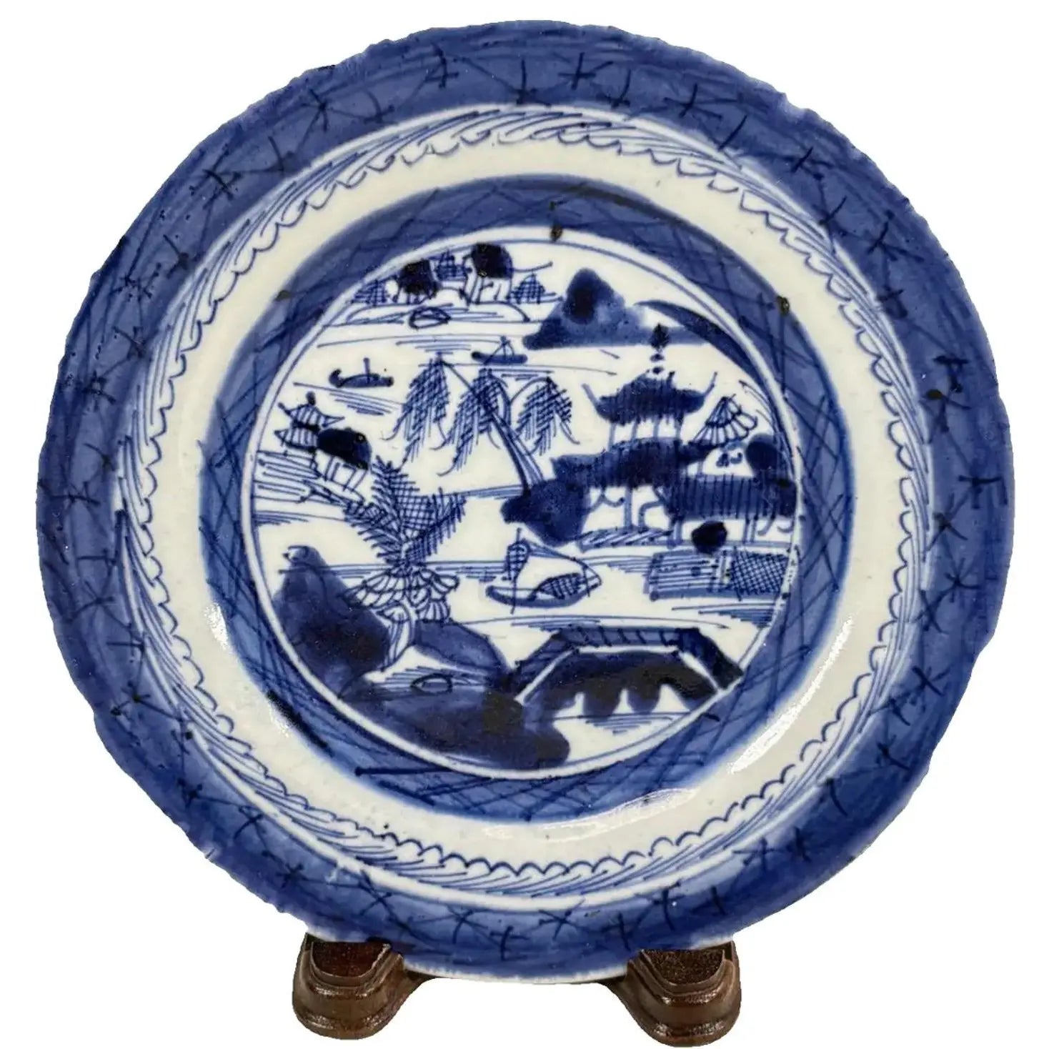 Antique 19th Century Chinese Canton Export Blue & White Porcelain Plate & Stand