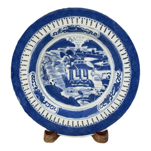 Antique 19th Century Chinese Canton Blue & White Export Porcelain 8.5" Scenic Bowl & Stand