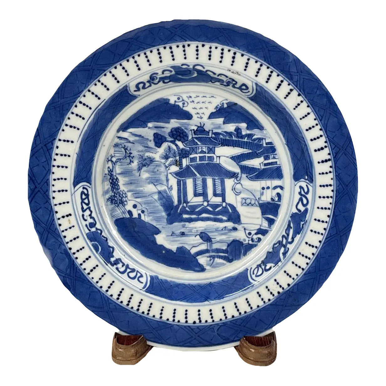 Antique 19th Century Chinese Canton Blue & White Export Porcelain 8.5" Scenic Bowl & Stand