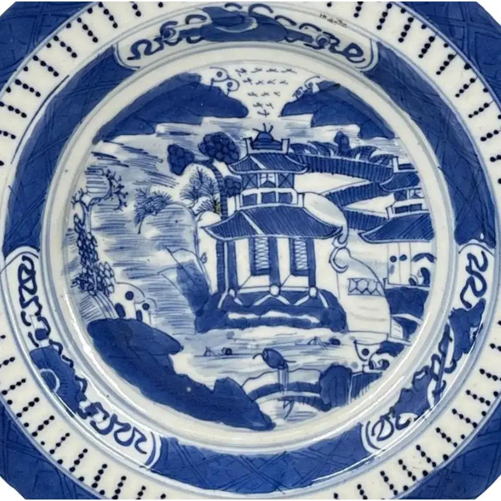 Antique 19th Century Chinese Canton Blue & White Export Porcelain 8.5" Scenic Bowl & Stand