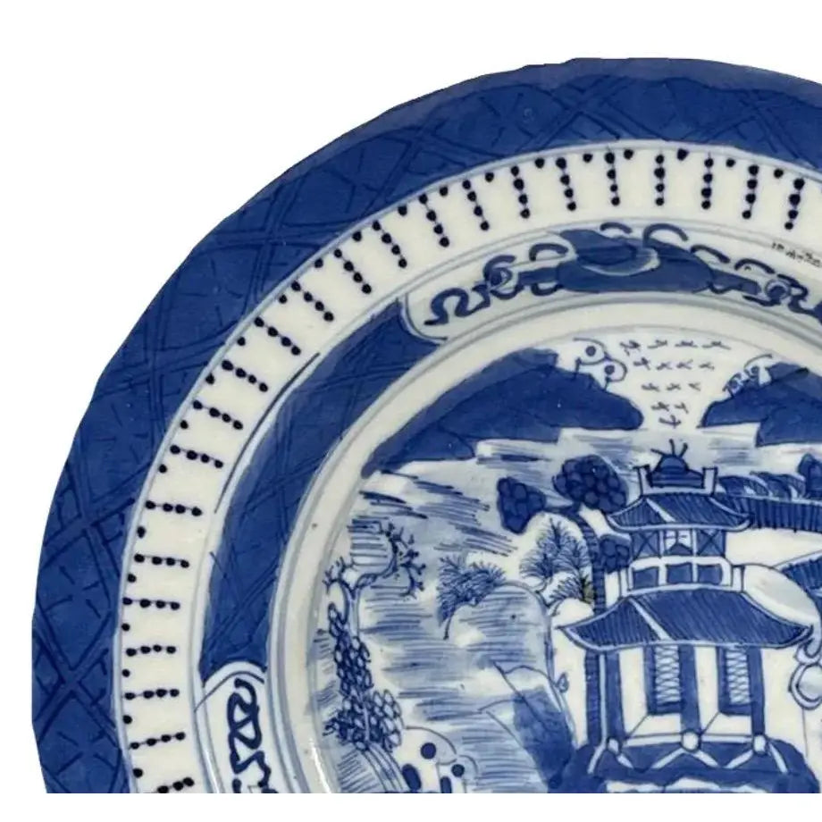 Antique 19th Century Chinese Canton Blue & White Export Porcelain 8.5" Scenic Bowl & Stand