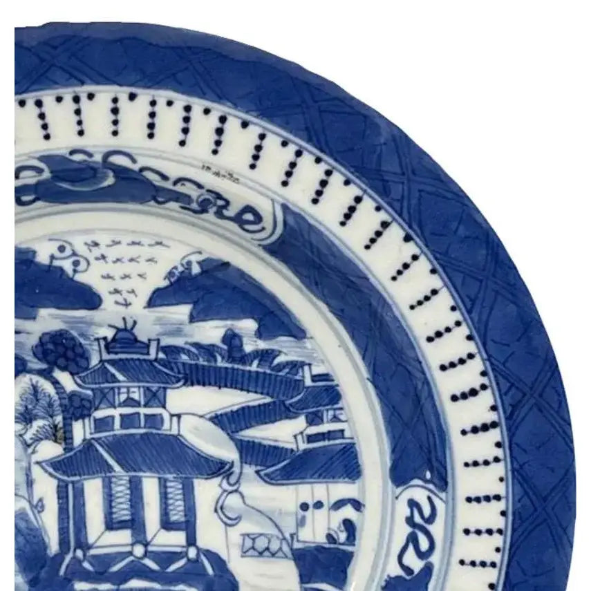 Antique 19th Century Chinese Canton Blue & White Export Porcelain 8.5" Scenic Bowl & Stand