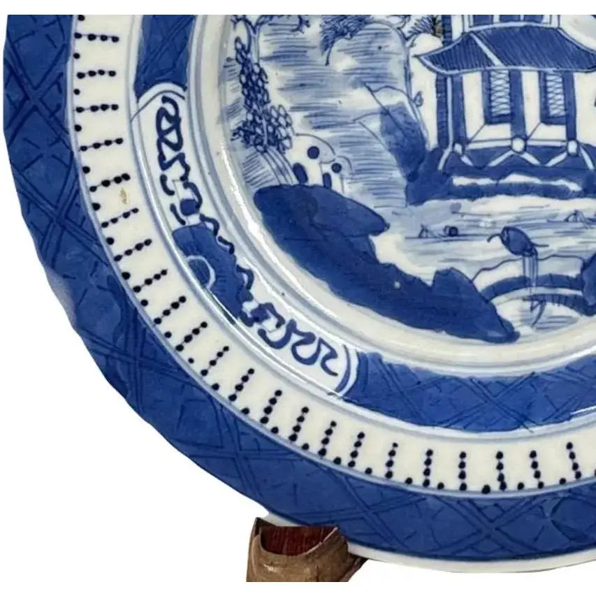 Antique 19th Century Chinese Canton Blue & White Export Porcelain 8.5" Scenic Bowl & Stand
