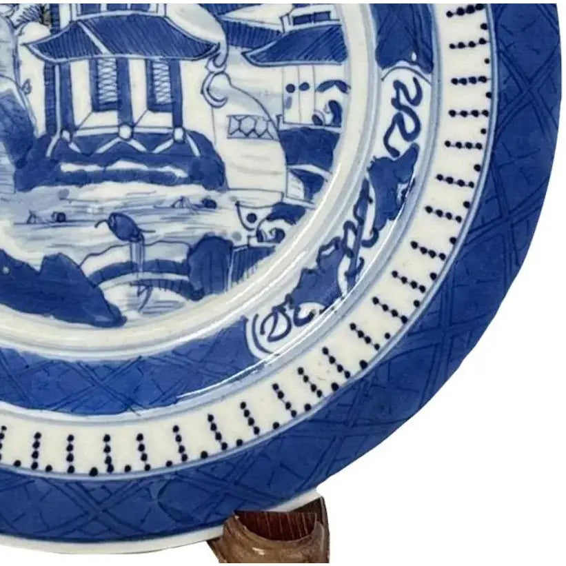 Antique 19th Century Chinese Canton Blue & White Export Porcelain 8.5" Scenic Bowl & Stand