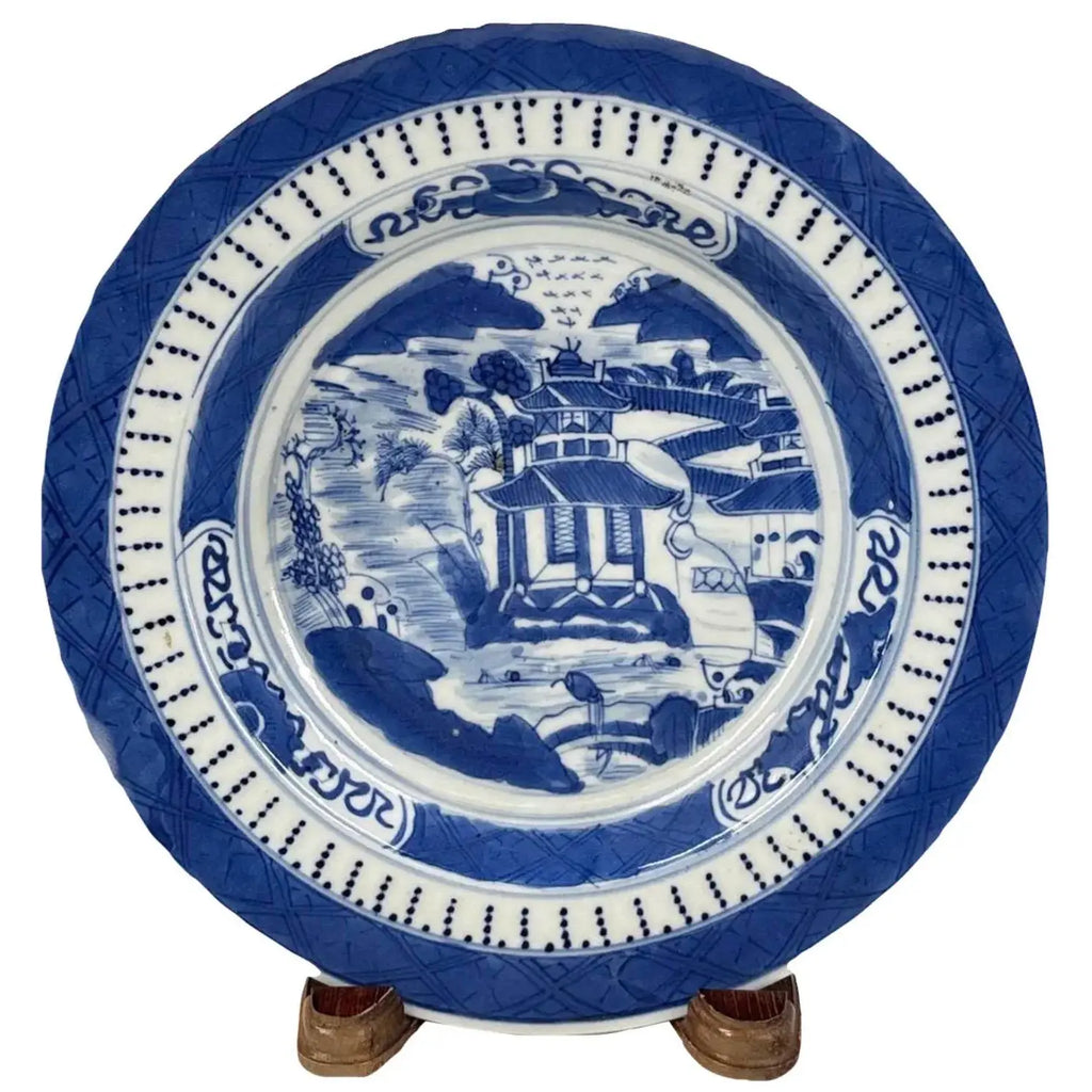 Antique 19th Century Chinese Canton Blue & White Export Porcelain 8.5" Scenic Bowl & Stand