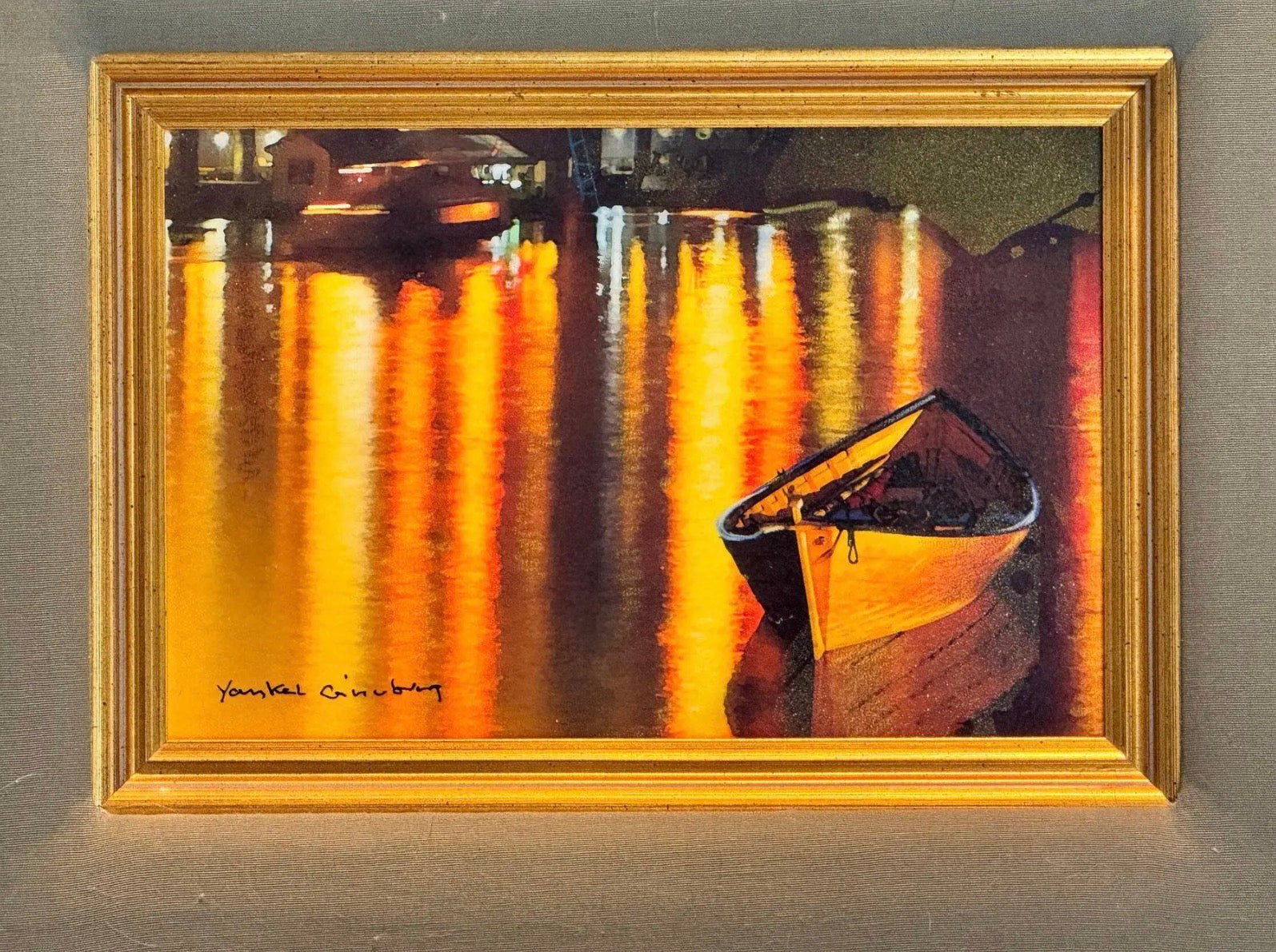 Yankel Ginzburg Original Signed Mixed Media Painting - Study for Shore Lights - Luminous Nautical Harbor Scene