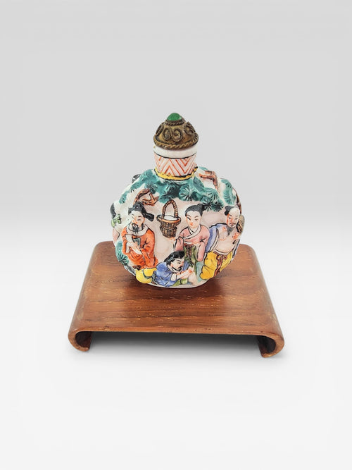 Antique 19th Century Chinese Famille Rose Molded Porcelain Snuff Bottle with Qianlong Mark