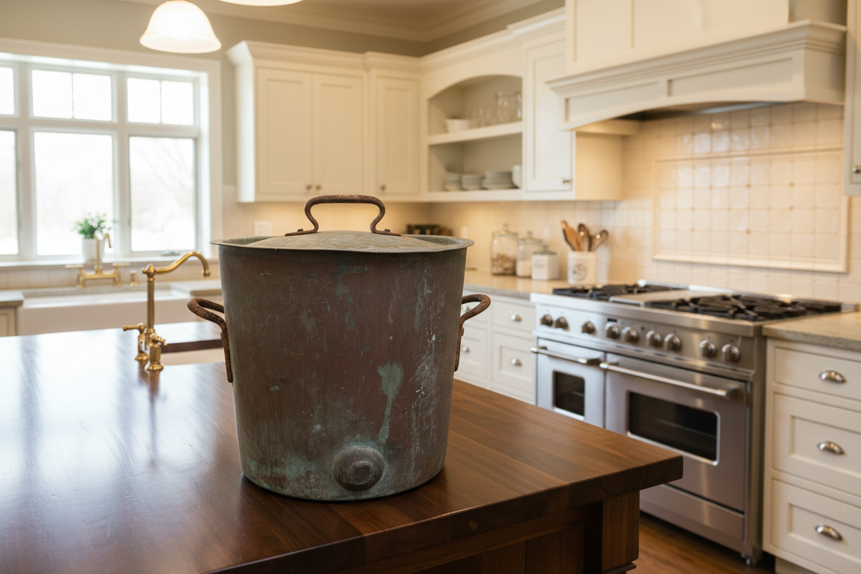 Antique Bramhall, Deane & Co. Massive 16" Copper Stock Pot with Lid in Home Setting