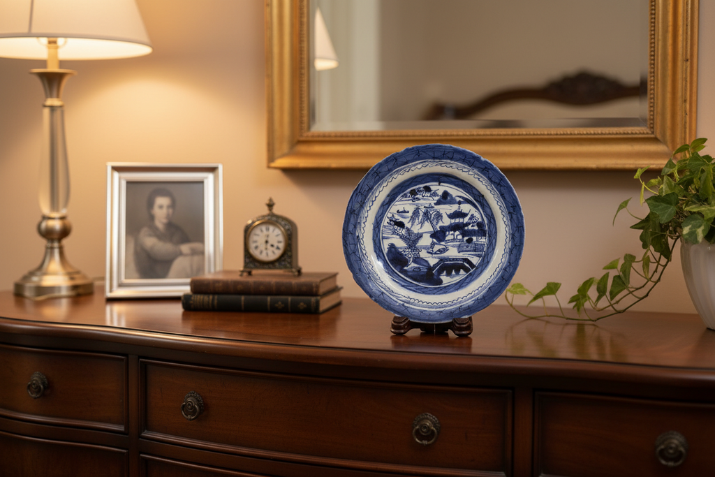 Antique Chinese Canton Blue & White Porcelain Plate on Stand in Home Setting