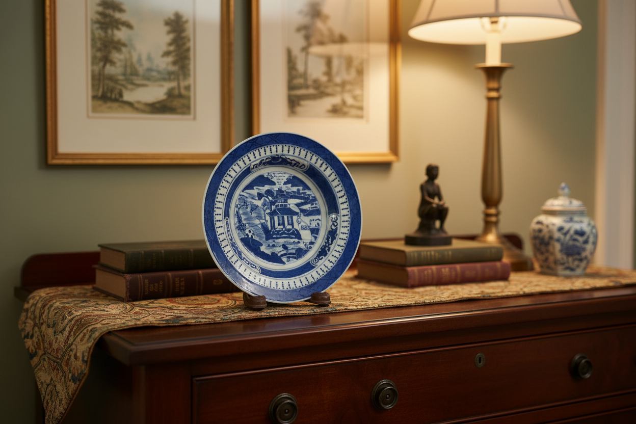 Antique Chinese Canton Blue & White Scenic Bowl & Stand in Home Setting