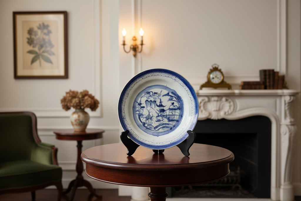 Antique Chinese Canton Porcelain Charger on Stand in Home Setting