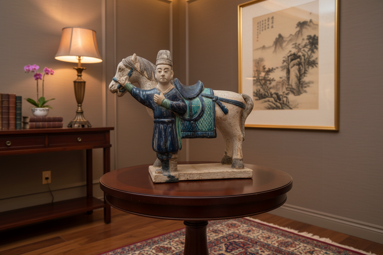Antique Chinese Ming Dynasty Glazed Pottery Horse and Groom in Home Setting