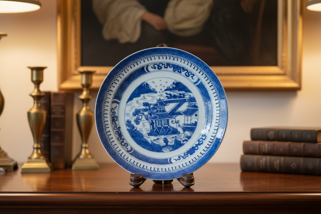 Antique Chinese Nanking Porcelain Plate on Brown Wooden Stand in Home Setting