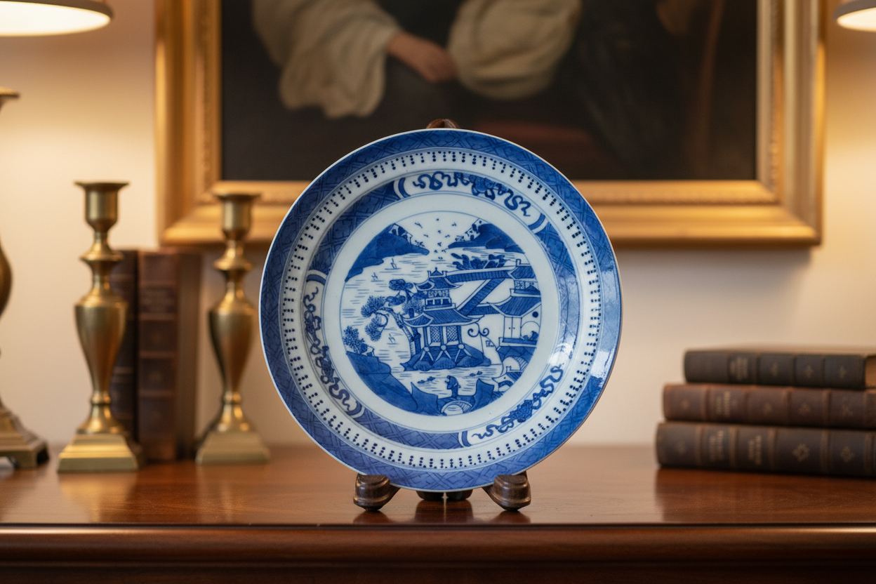 Antique Chinese Nanking Porcelain Plate on Brown Wooden Stand in Home Setting