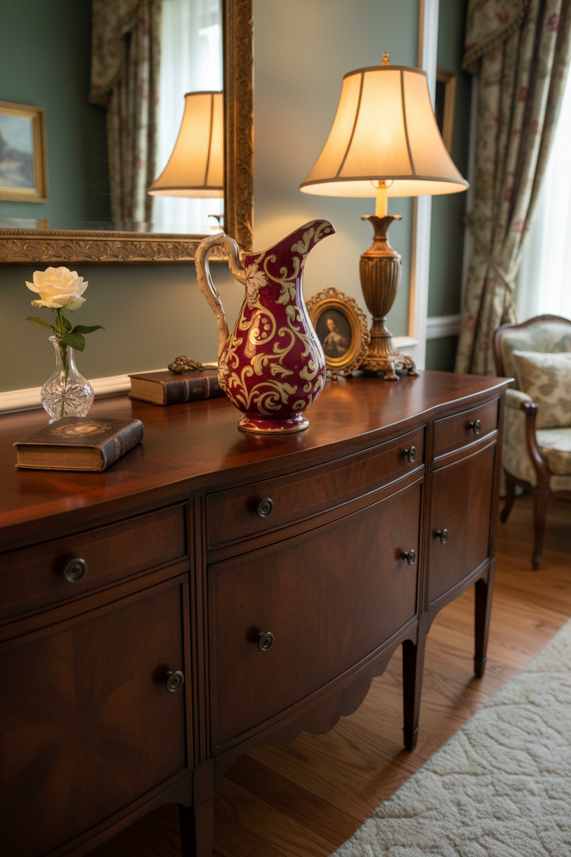 Antique Cranberry Red & Gilt Porcelain Pitcher in Home Setting