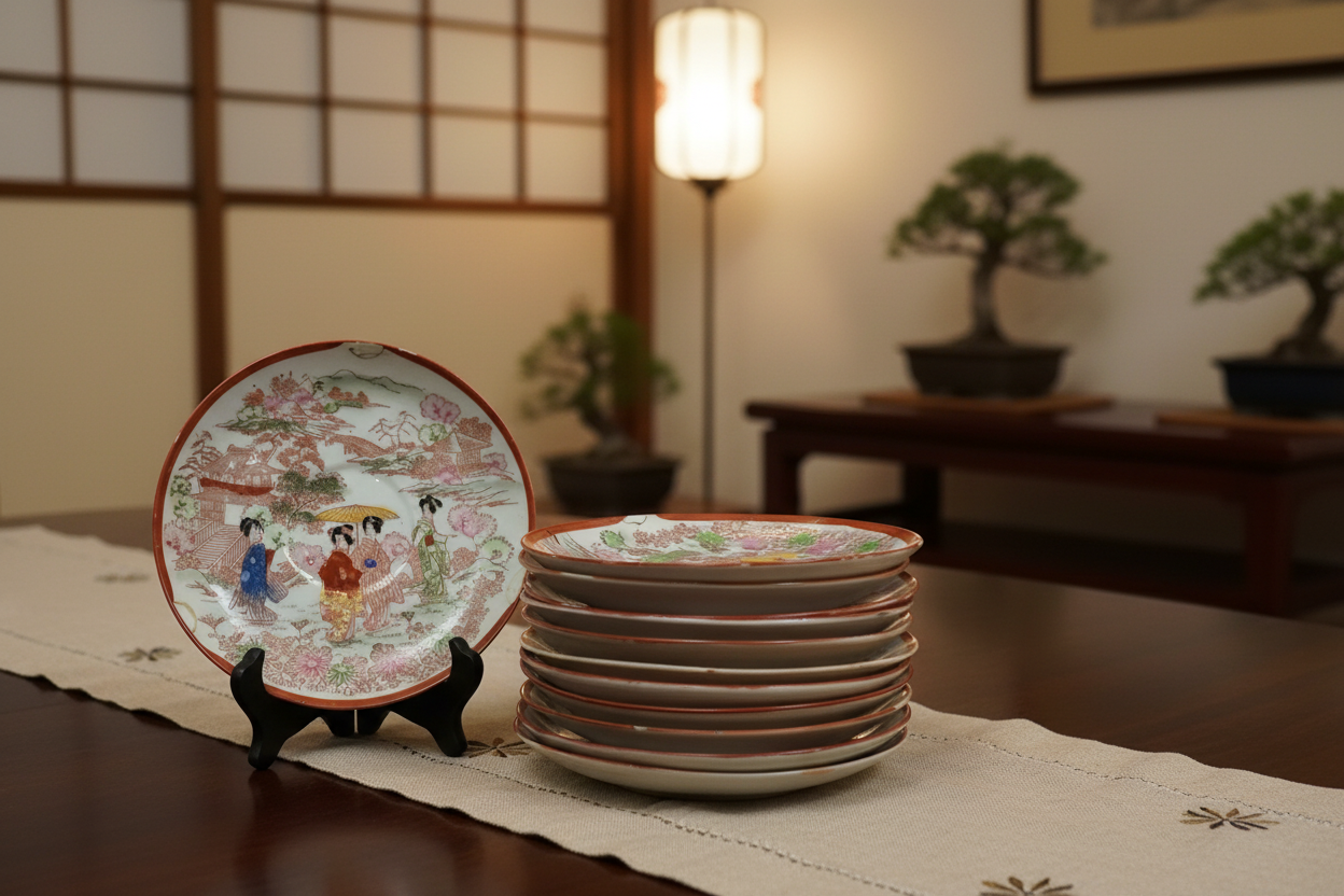 Antique Early 20th Century Japanese Porcelain Dish Set - Exactly 10 Plates