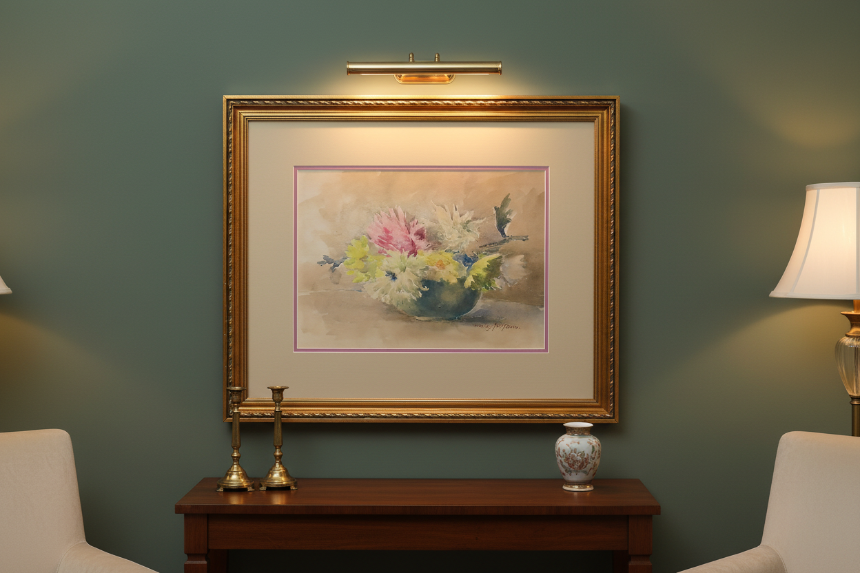 Antique Emily F. Mann Floral Still Life Watercolor in Home