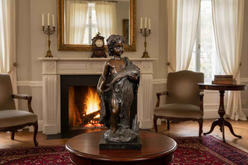 Antique French Bronze Boy with Fishing Net in Home Setting