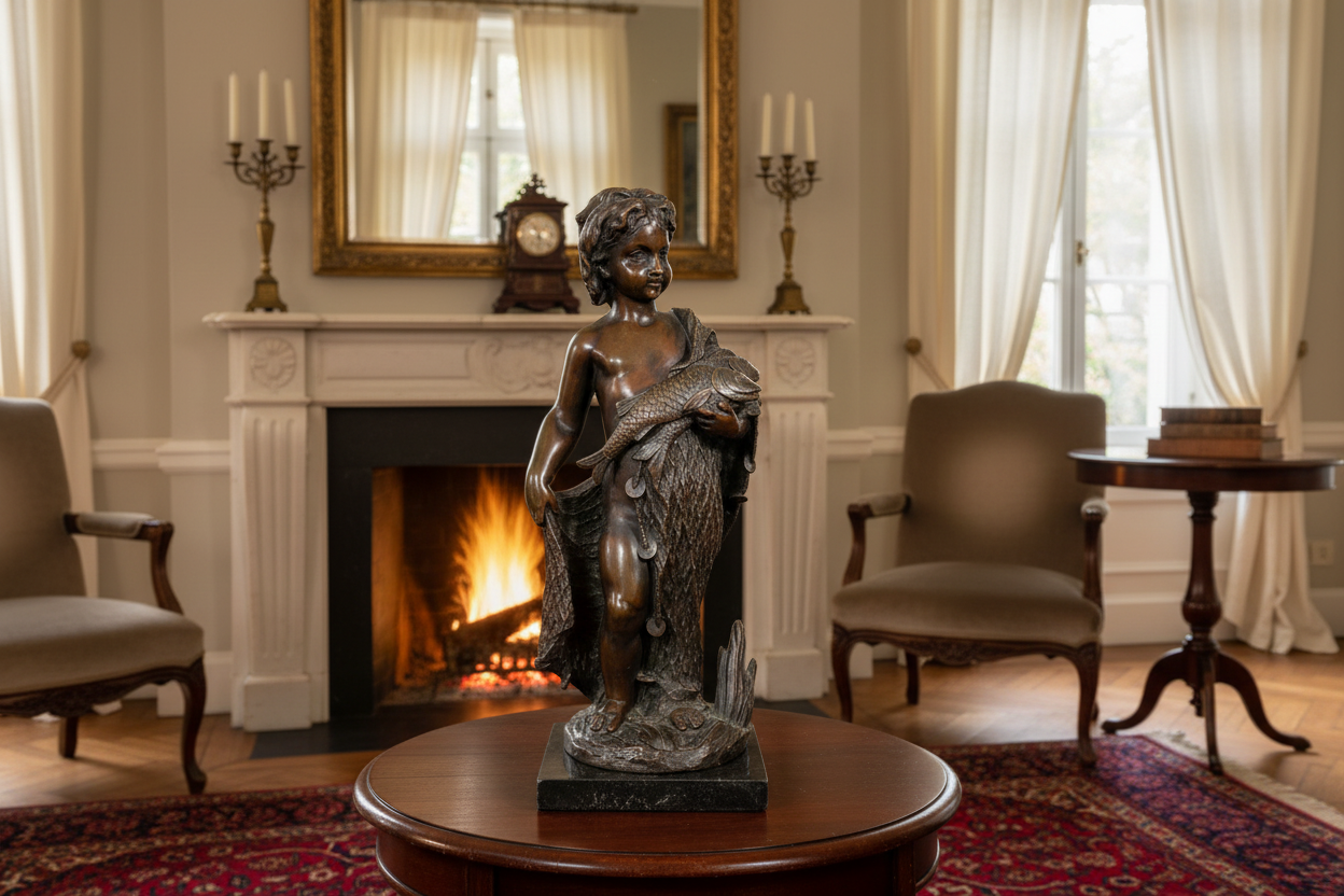 Antique French Bronze Boy with Fishing Net in Home Setting
