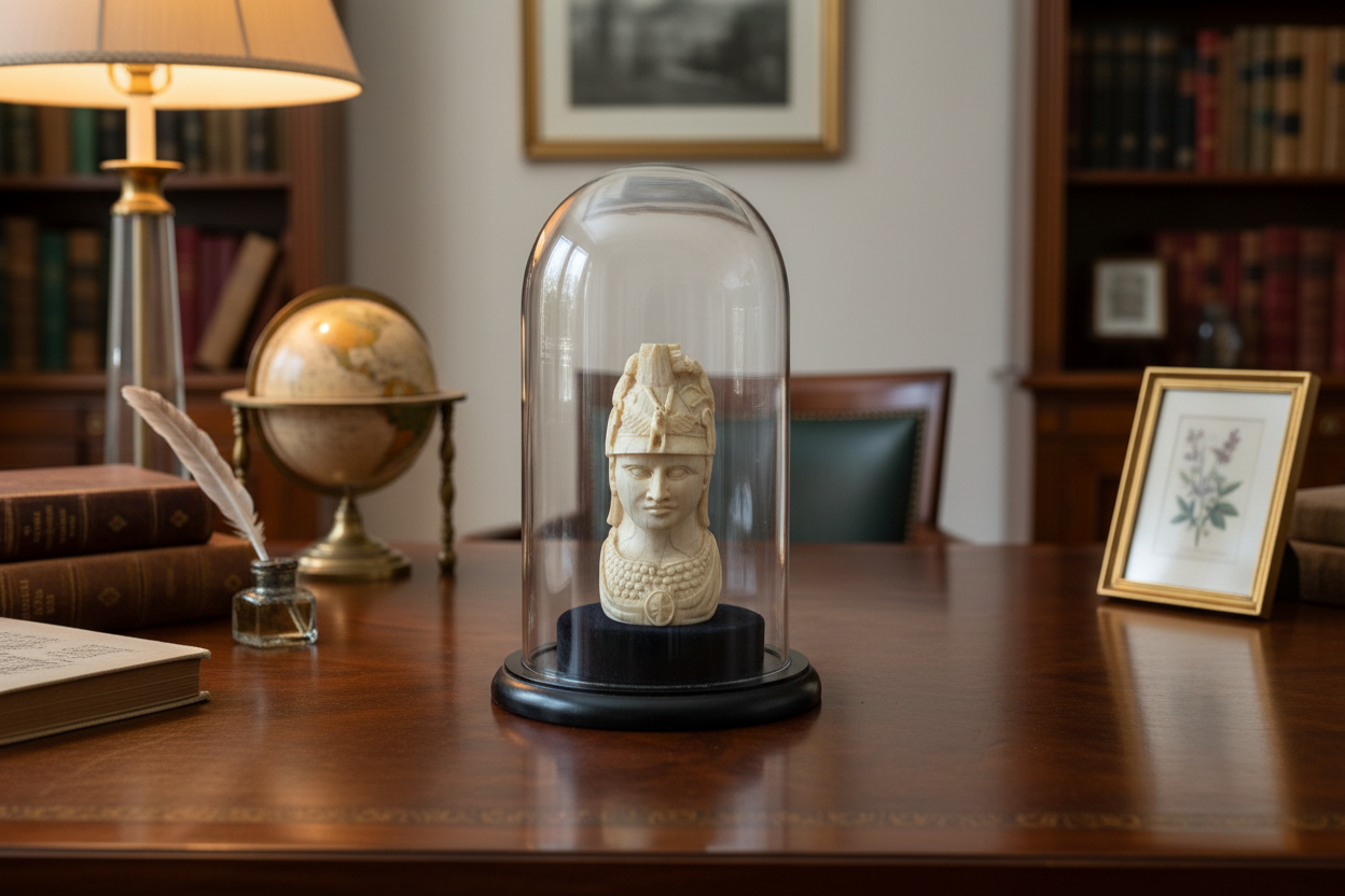 Antique Grand Tour Carved Bone Bust of Minerva in Glass Display Case