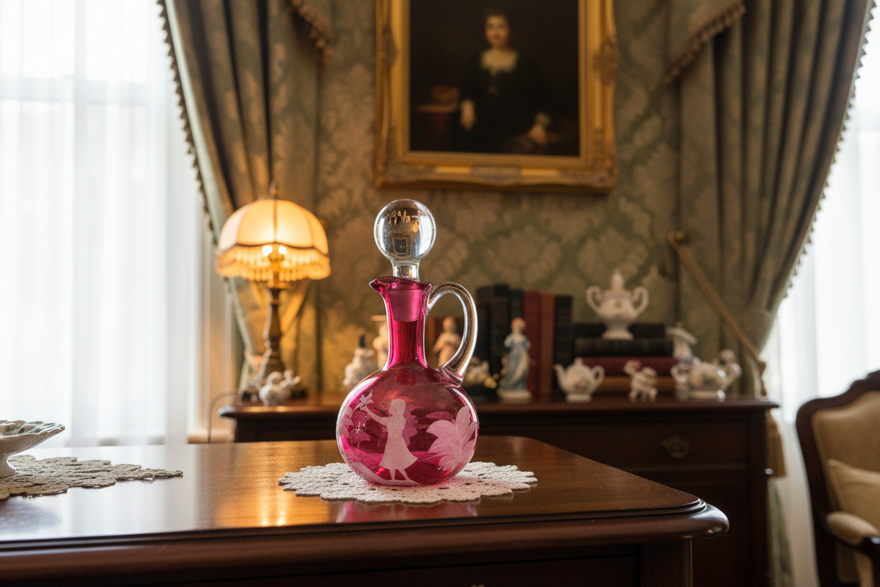 Antique Hand-Blown Mary Gregory Cranberry Glass Cruet in Home Setting