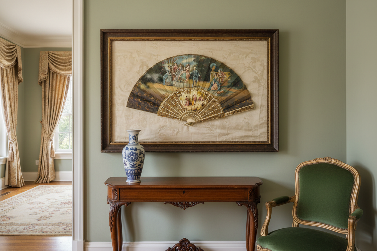Antique hand-painted silk fan displayed as wall art in home